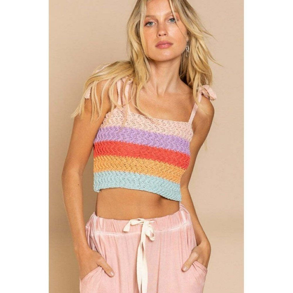 POL Clothing Tie Shoulder Sweater Crop Tank Top Rainbow Sherbet Summer YST7 - Picture 7 of 9